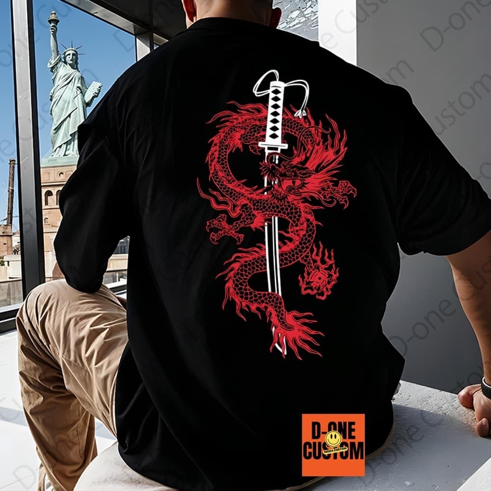 Camiseta Oversized Dragão Vermelho StreetWear Skate Japão Japones Blusão Masculino Feminino Academia 01