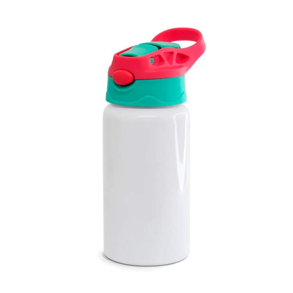 Squeeze de Alumínio Branco Infantil com Bico Automático, Tampa Verde e Alça Vermelha para Sublimação - 500ml