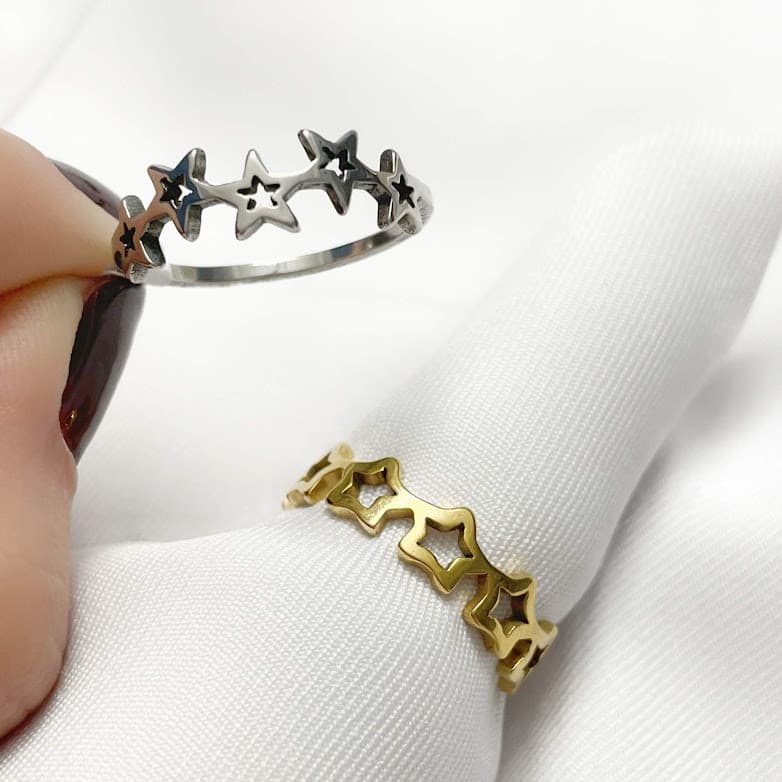 Anel Estrelas em Aço Inoxidável Feminino Antialérgico Prata ou Dourado