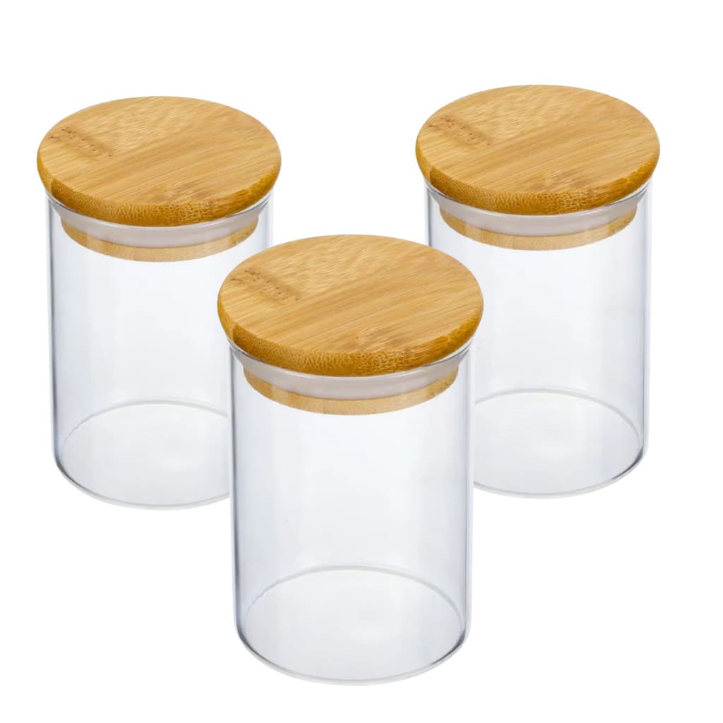 Porta Tempero De Vidro  250ml Tampa Bambu Hermético KIT Com 3 Unidades