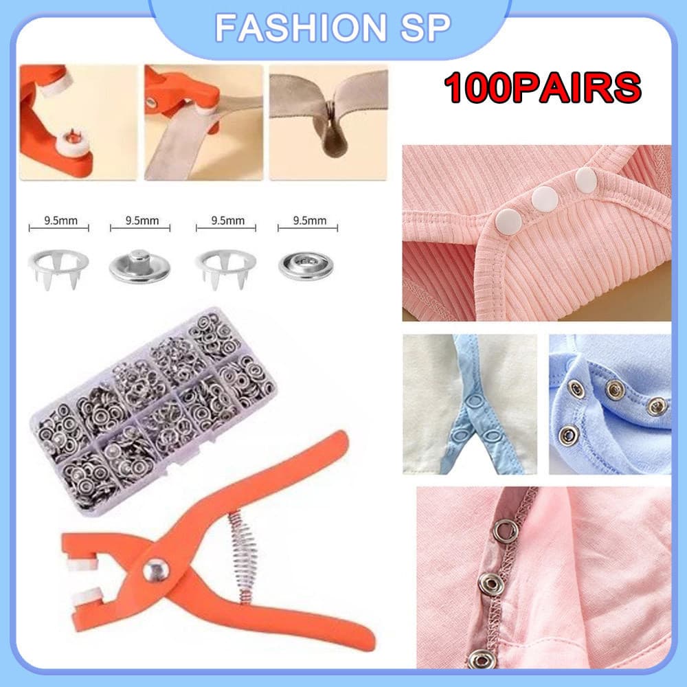 100 Pares De Botões De Cinco Pinos + Kit De Instalação De Alicate De Pressão Adequado Para Reparo De Botões De Roupas