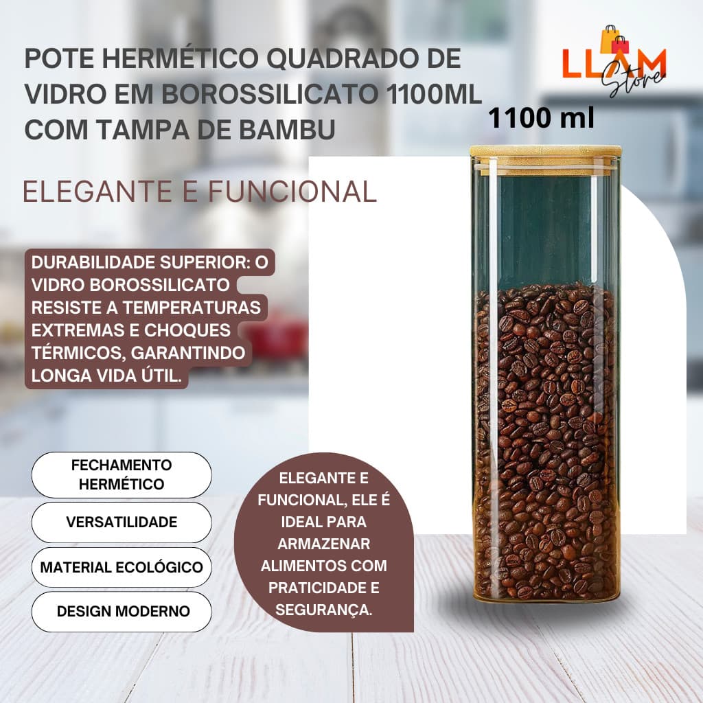 Pote Hermético Quadrado de Vidro em Borossilicato 1100ml com Tampa de Bambu