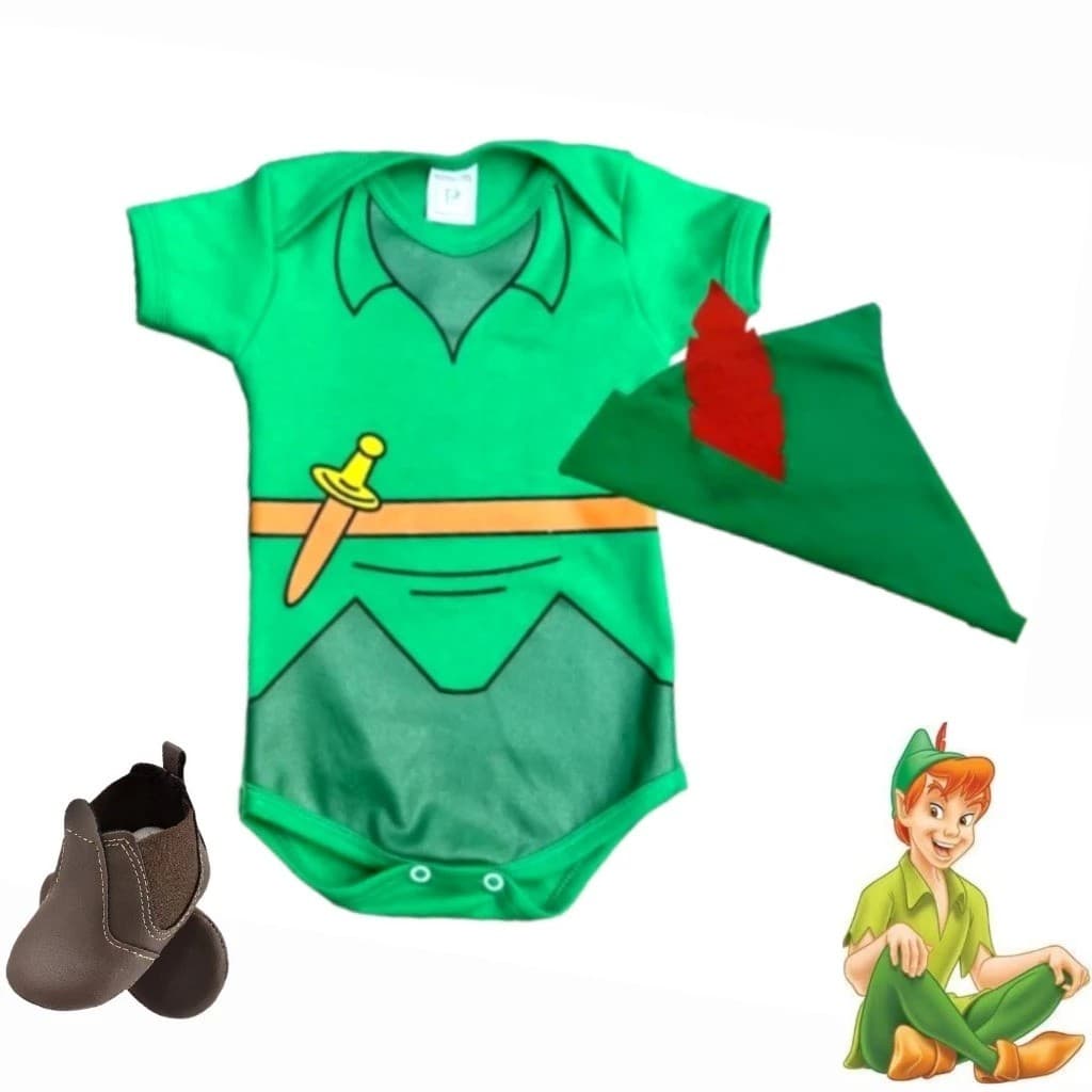 Body Touca Bota Peter Pan 100% Algodão Temático Bebê Mesversário