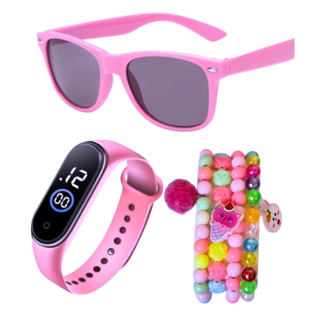 Relógio Infantil De Pulso Digital Led à prova d'água + Óculos De Sol Infantil UV + Ki 4 Pulseiras Miçangas - Meninas
