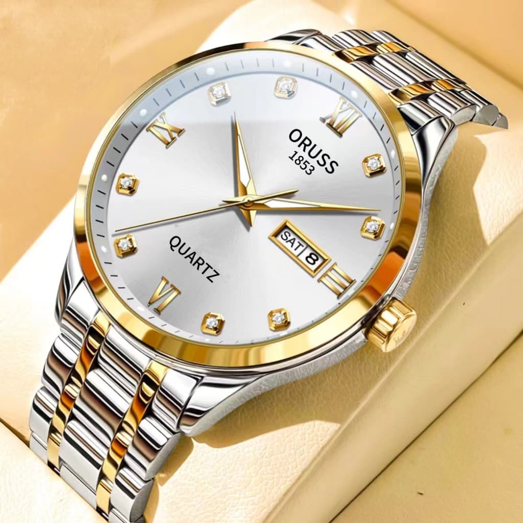 ORUSS Original Fêmea Calendário Duplo Aço Inoxidável Calendário Duplo à prova d'água Relógio Luminoso de Luxo