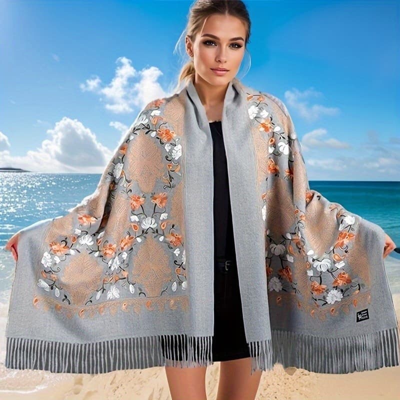 Xale de Caxemira Boêmio com Flores de Videira Bordadas à Mão, Tamanho Grande, Cachecol Quente e Elegante para Mulheres,