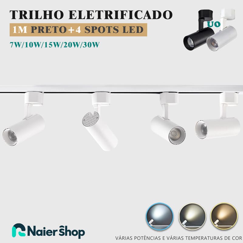 Kit Trilho Spot LED Eletrificado 1M + 4Spots Led Cor Preto Branco Bivolt 7W 10W 15W 20W 30W