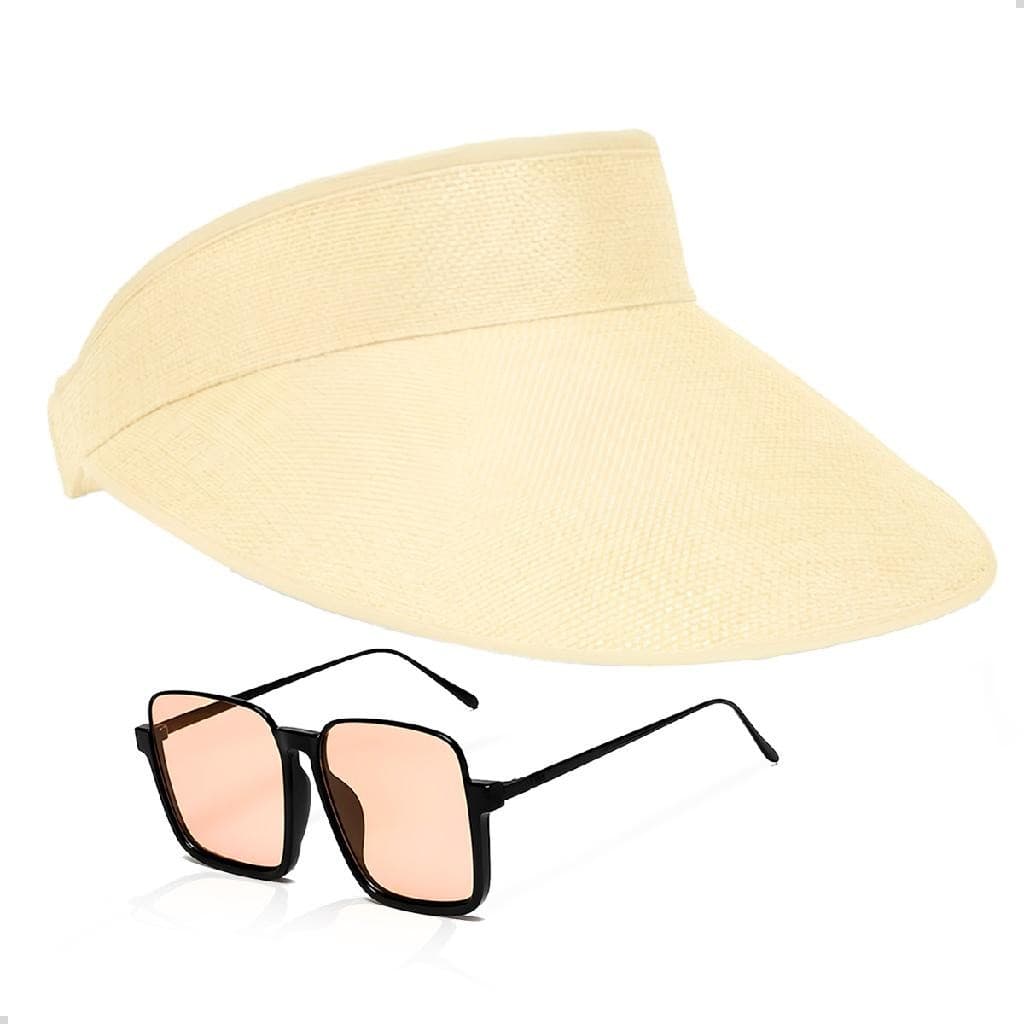 Kit Óculos de Sol Feminino Laranja Retro + Viseira Moda Verão Praia Leve