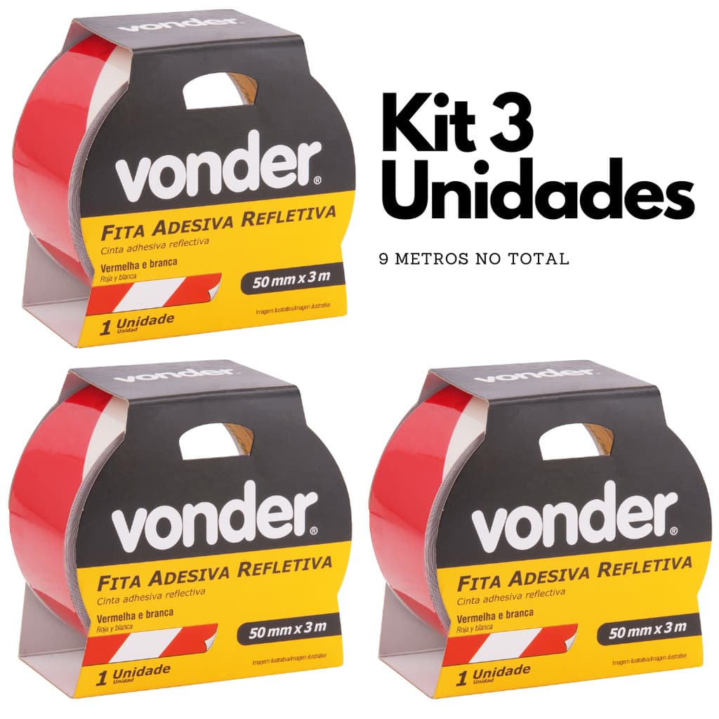 Kit 3 Fitas Zebradas Refletivas Adesivas 50 mm x 3 Metros Vermelho/Branco - Vonder