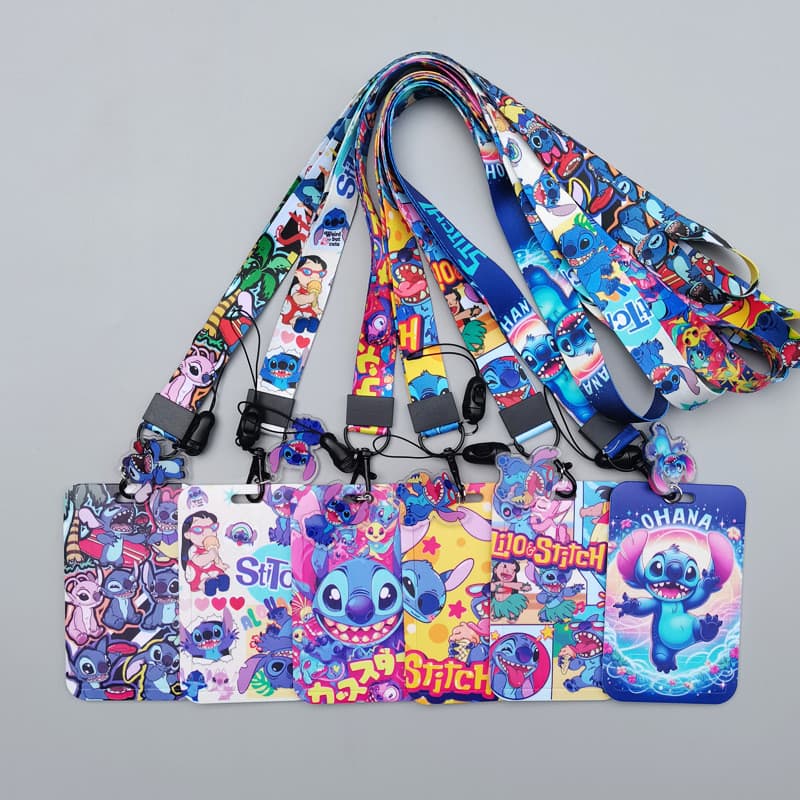 Porta-crachás com cordão longo Stitch, porta-cartões de estudante, porta-cartões de metrô e ônibus, porta-cartões de ace