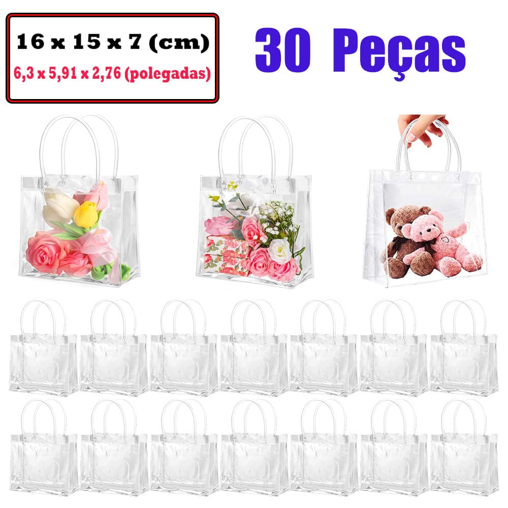 16x15x7 cm, 30 peças presente de plástico transparente com alças, pequenos sacos de doces para lembrancinhas