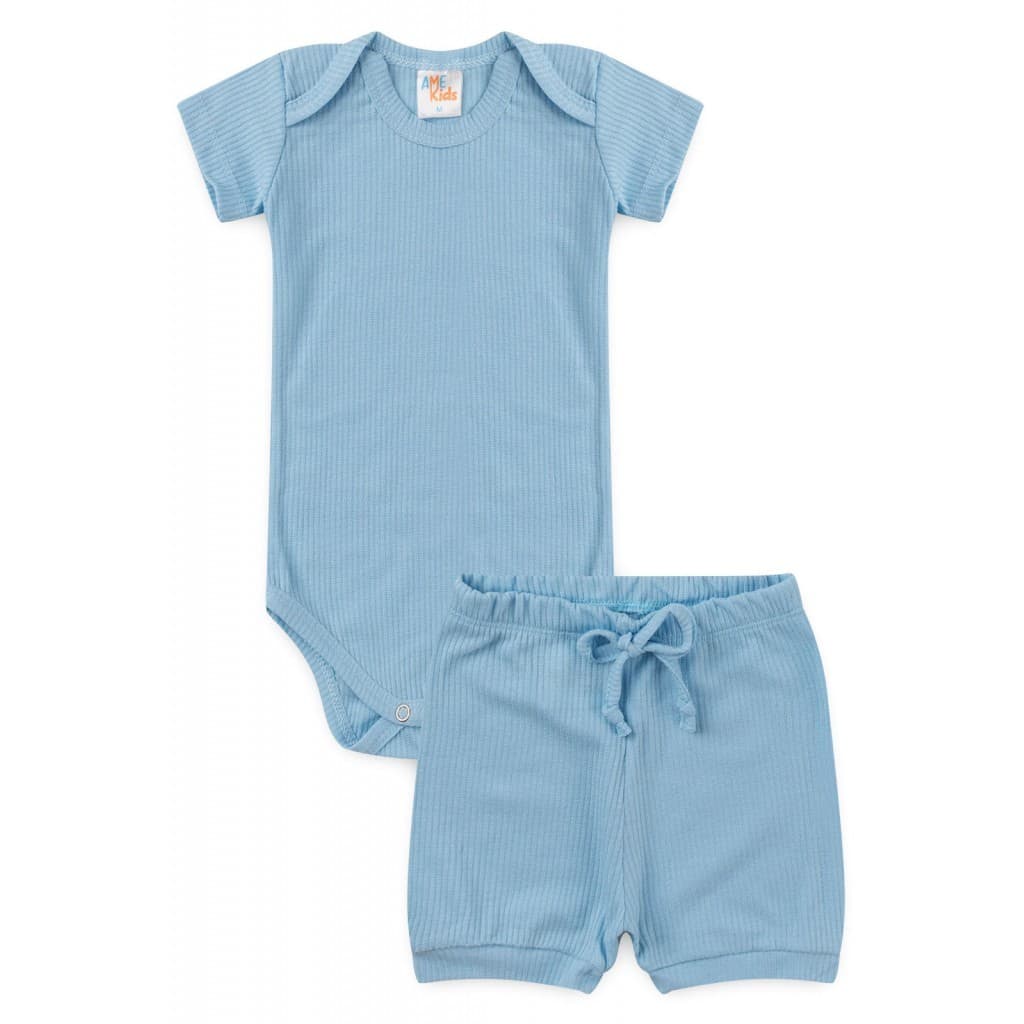 Conjunto Body Infantil Menino Canelado Light Curto  Azul Bebê