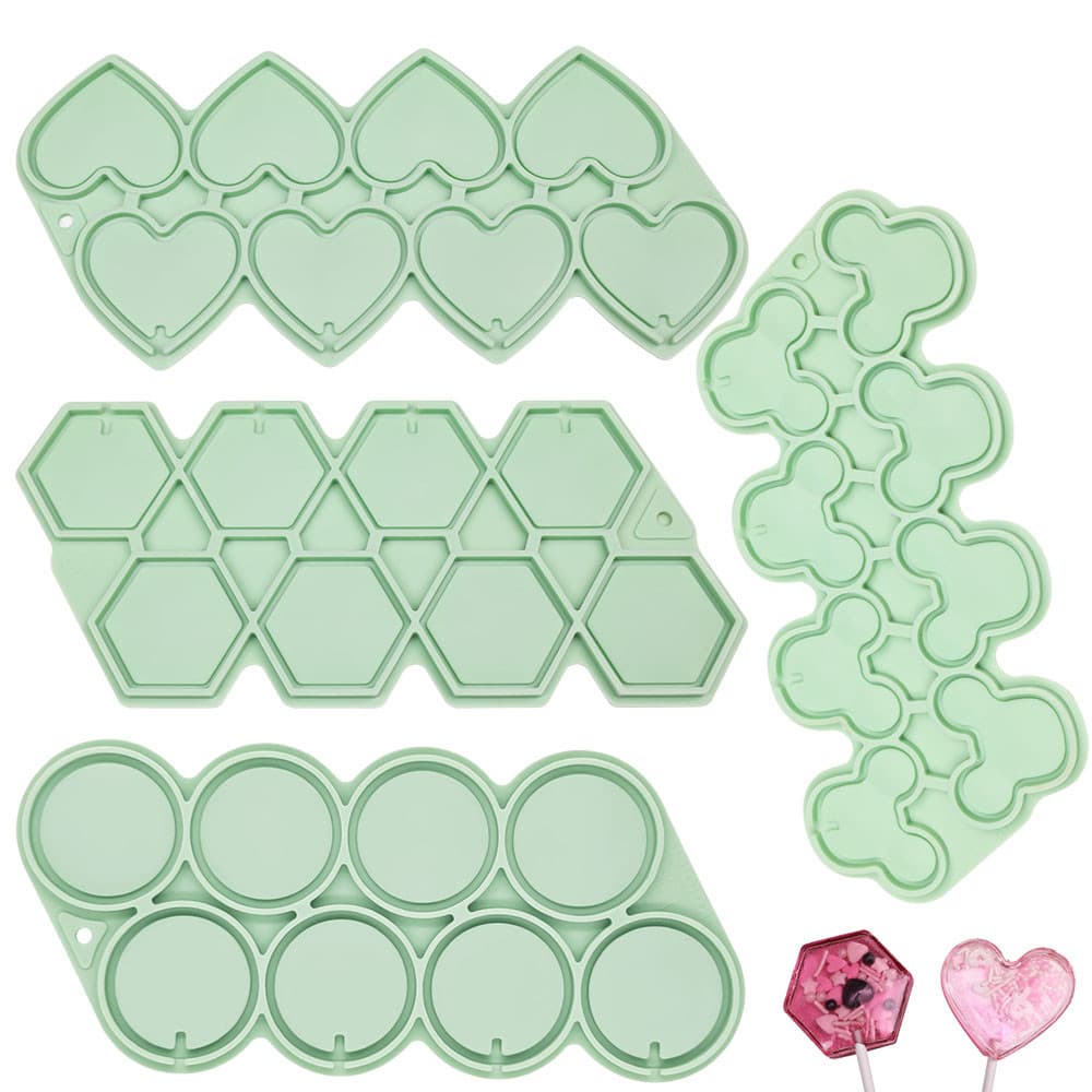 KALAIEN 4 Pattern Lollipop Silicone Mold Hard Candy Chocolate Silicone Mold 8 Cavity Heart, Round Shape Hot Pattern Mold