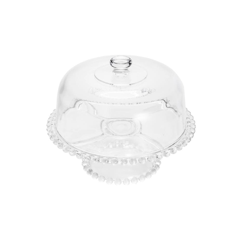 Boleira de Cristal com Pé e Tampa Pearl Wolff 31x25cm - Prato para Bolo com Cúpula e Mesa Posta