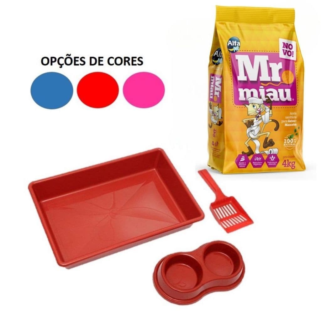 Kit Caixa Bandeja e 4kg Areia Mr Miau Comedouro, Bebedouro e Pá Higiênica Bandeja