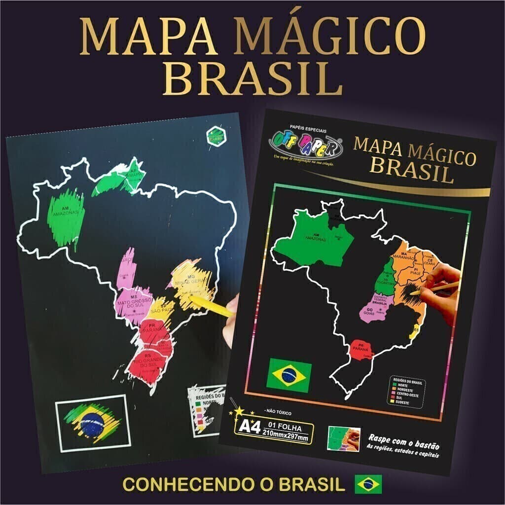 Mapa do Brasil Mágico A4 com 1 Folha e 1 Bastão Geografia Educativo Infantil