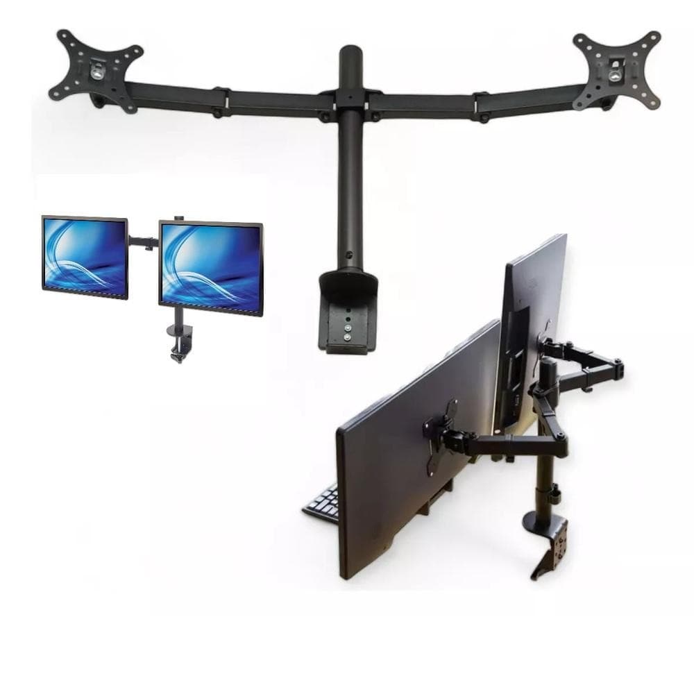SUPORTE 2 MONITOR DUPLO BRACO ARTICULADO 10 A 32 POLEGADAS MESA GIRATORIO BANCADA PROFISSIONAL