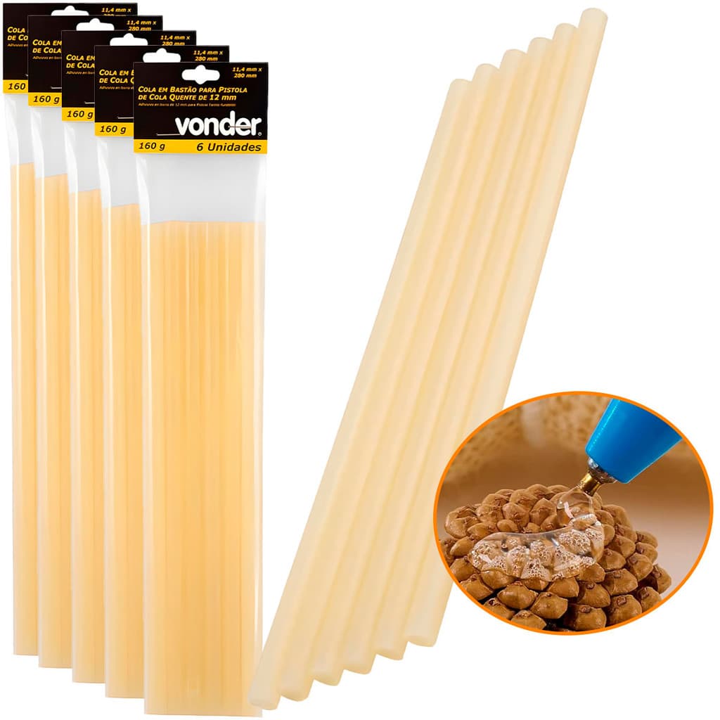 5 Pacotes Bastão Cola Quente Grossa 12mm 30 Unidades Vonder