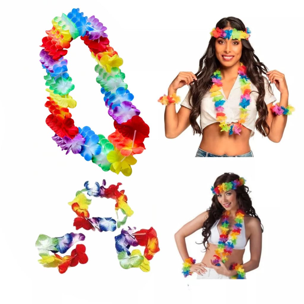 Kit Colar Pulseira Tiara Havaiano 4 Peças Hawai Carnaval