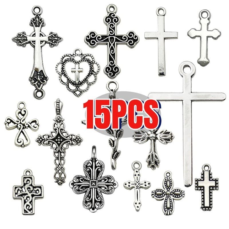 15 Pçs Antigo Prata Cor Cruz Pingente Multi-Estilo Encantos Para DIY Colar Brincos Chaveiro Jóias Fazendo Acessórios