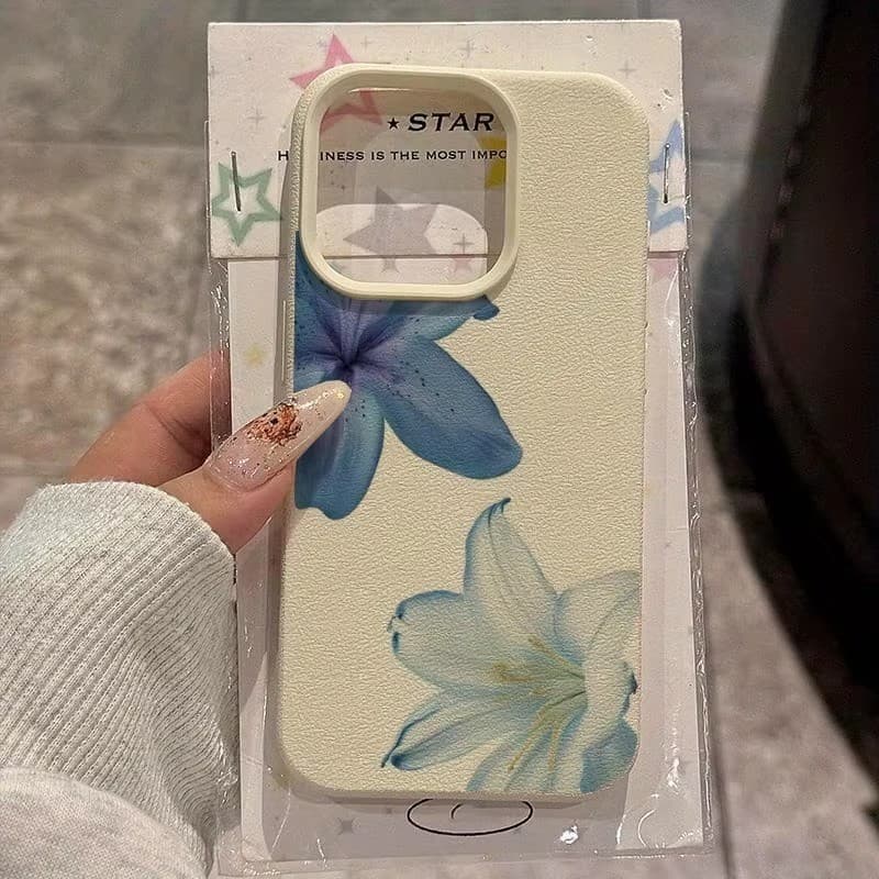 Elegante Azul Lírio Lichee Padrão Caso De Telefone Para iPhone 16 Pro Max 15 14 13 12 11 XS X XR 16 Plus 16e Capa Trasei