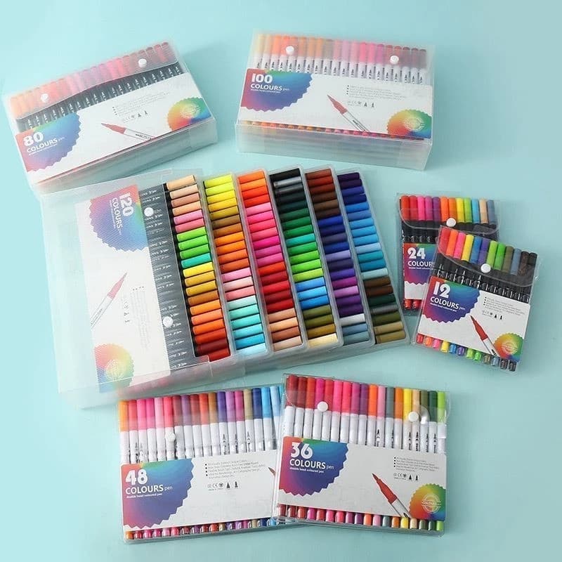 Kit Caneta 2 em 1 Brush Lettering e Ponta Fina Dual Pen 24/36/48/60/80 Cores Desenho