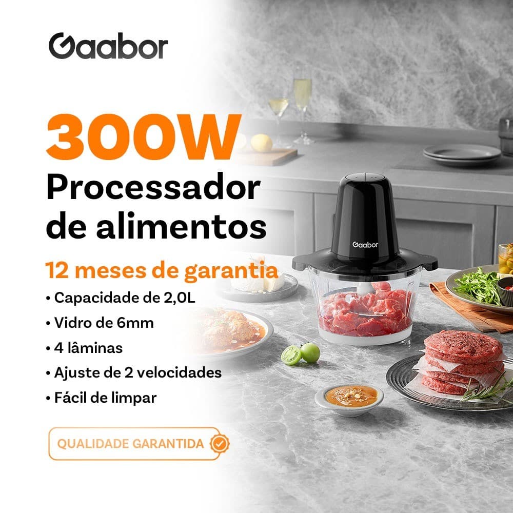 Gaabor Moedor Carne Processador Legumes 2L 4 Lâminas Aço Tigela Vidro Elétrico Multifuncional Cozinha MG-15M02A-1