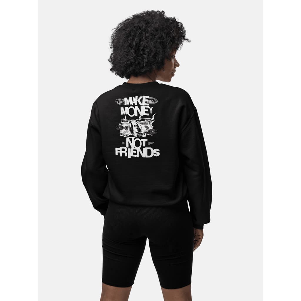Blusa Moletom de Frio Gola Careca Preto Branco Feminino Streetwear Algodão Flanelado Básico Unissex Estampa Make Money