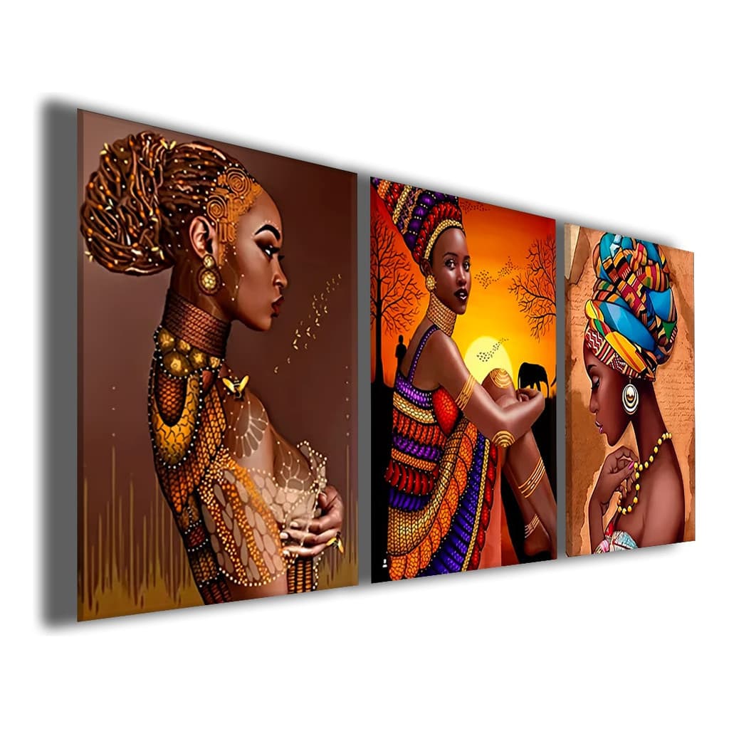 Kit 3 Quadros Decorativos 120x60cm Mulher Negra Africana África Arte Mosaico Sala Quarto Escritório