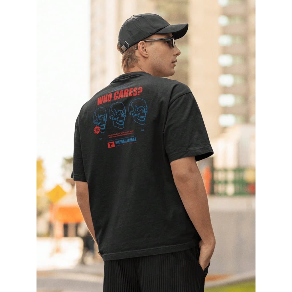 Camisa Camiseta Oversize Streetwear Masculino e Feminino para Treino e Dia a Dia Preto e Off Whte Estampado- WHO CARES?