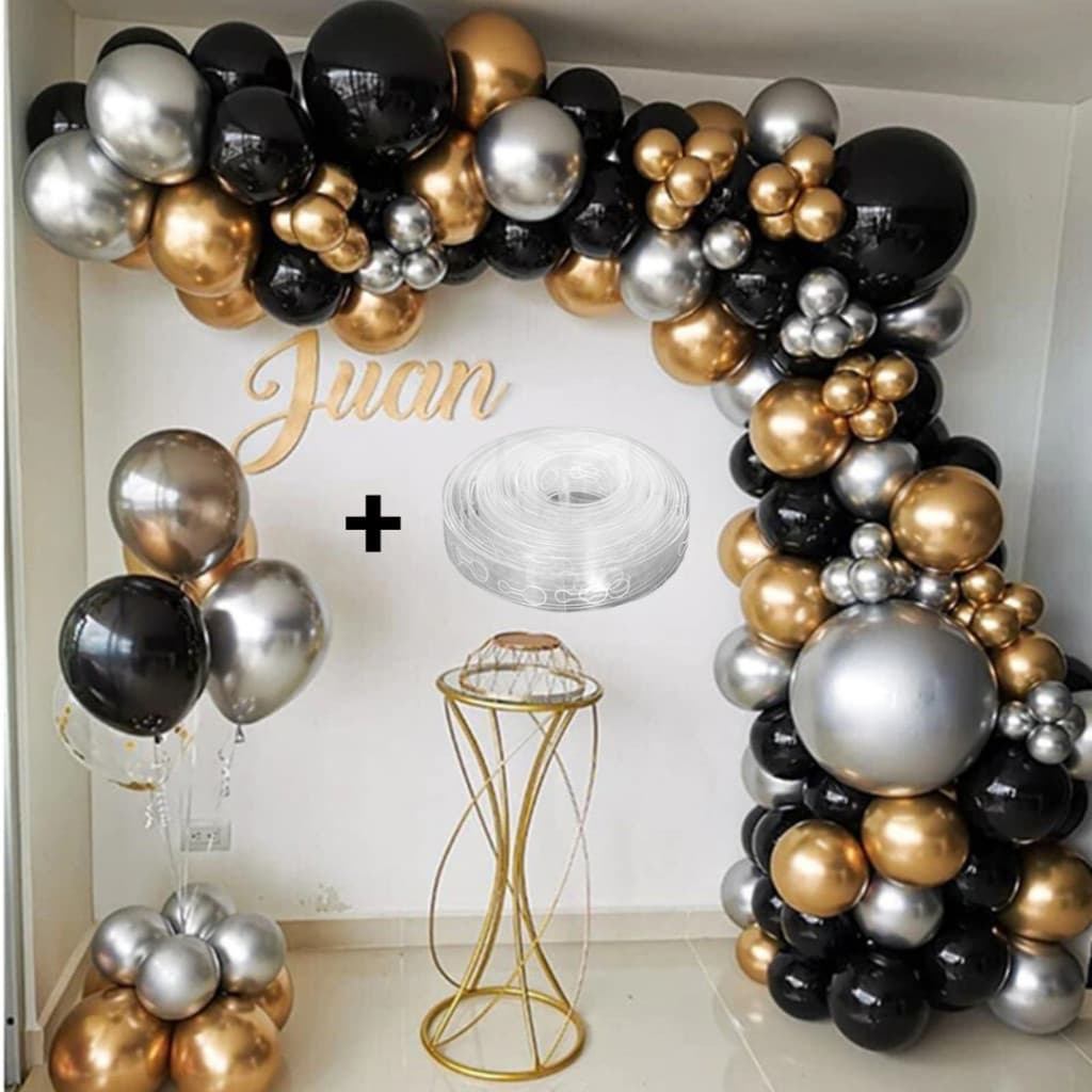 Kit 150 Balões Arco Desconstruído Preto + Prata e Dourado + Fita Arco - Balão Bexiga Liso/Cromado Para Festas
