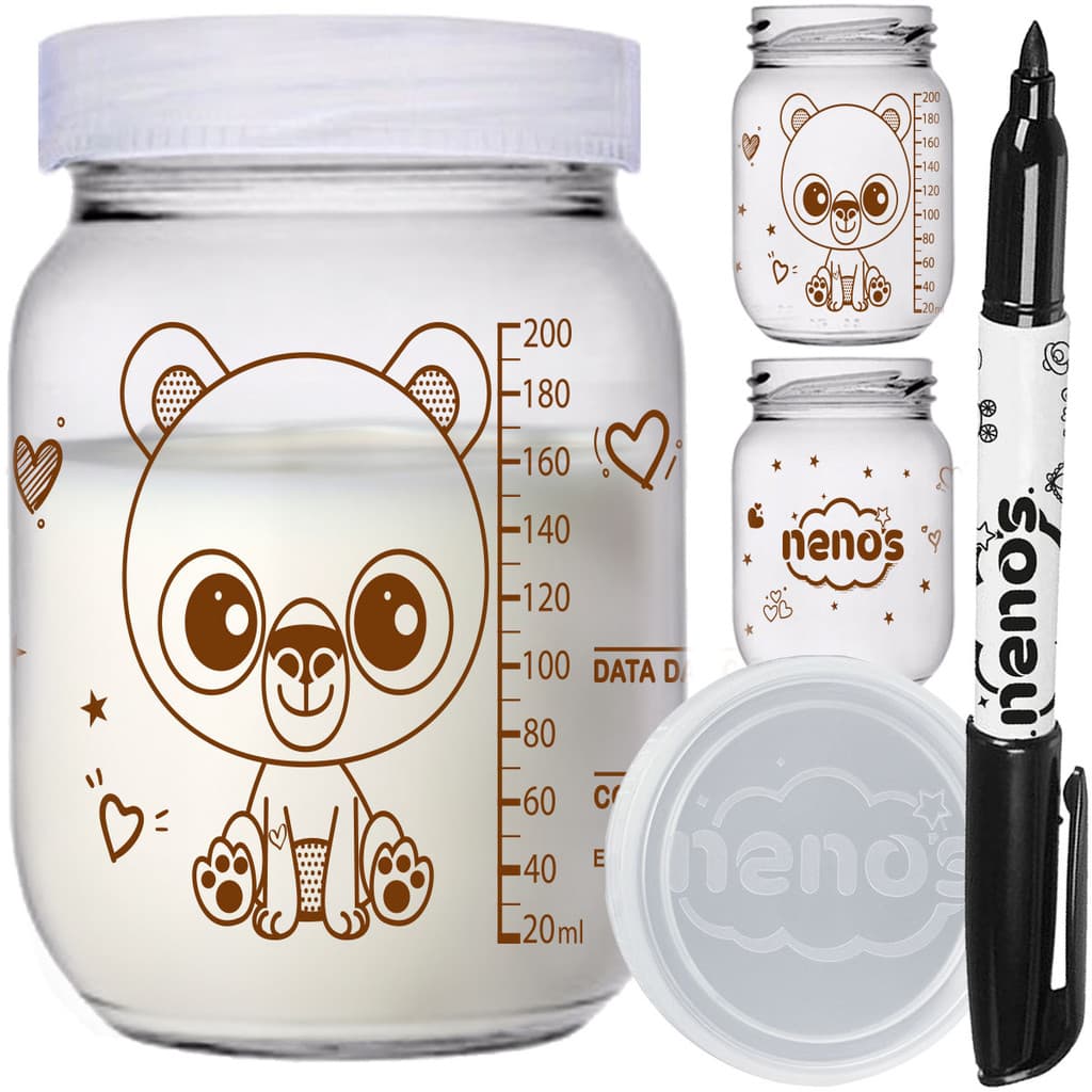 Potes de Vidro 267ml Armazenar Leite Materno ou Papinha, Tampa Plastica BPA-Free (Urso)