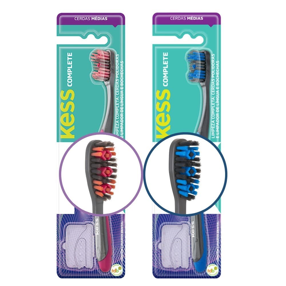 Kit 2 Escova de Dente Cerdas Médias Azul e Rosa Kess Complete Limpador de Língua Capa Protetora
