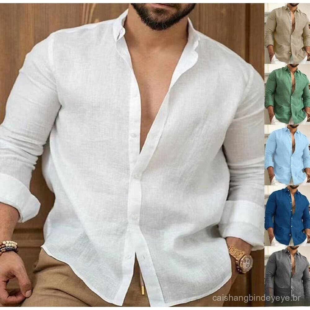 Camisa Social Masculina de Algodão/Linho Confortável Casual Manga Longa Moda Oversized Várias Cores