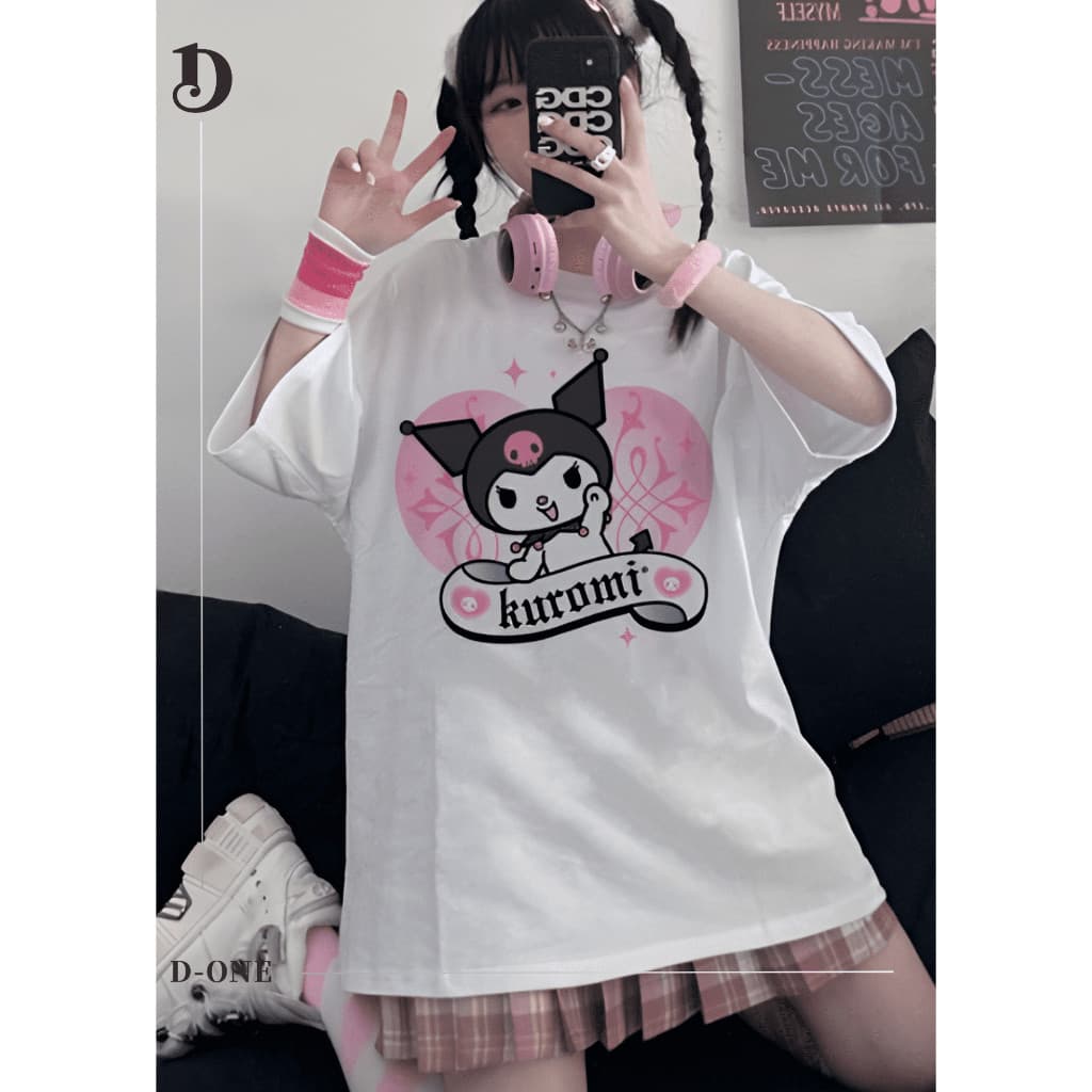 Camiseta Kuromi Hello Kitty Melody Kawai Anime Japonês Camisa Feminina Babylook Unissex 100% Algodão trendbox