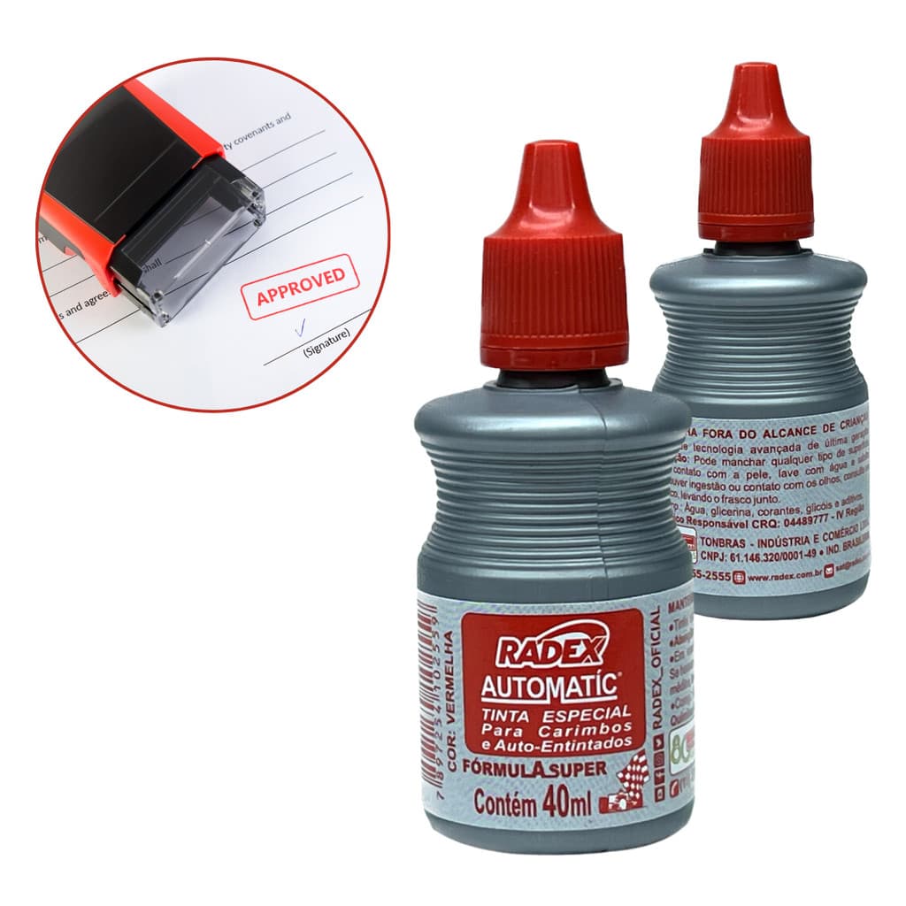 Tinta Para Carimbo Automático Cor Vermelha Radex 40ml Secagem Rápida