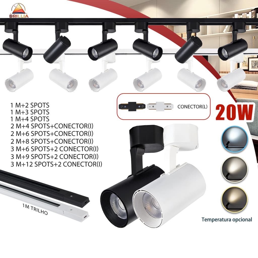 Kit Trilho Spot LED 20W para trilho eletrificado Interno Econômico Luz Ambiente ou Comercial Bivolt