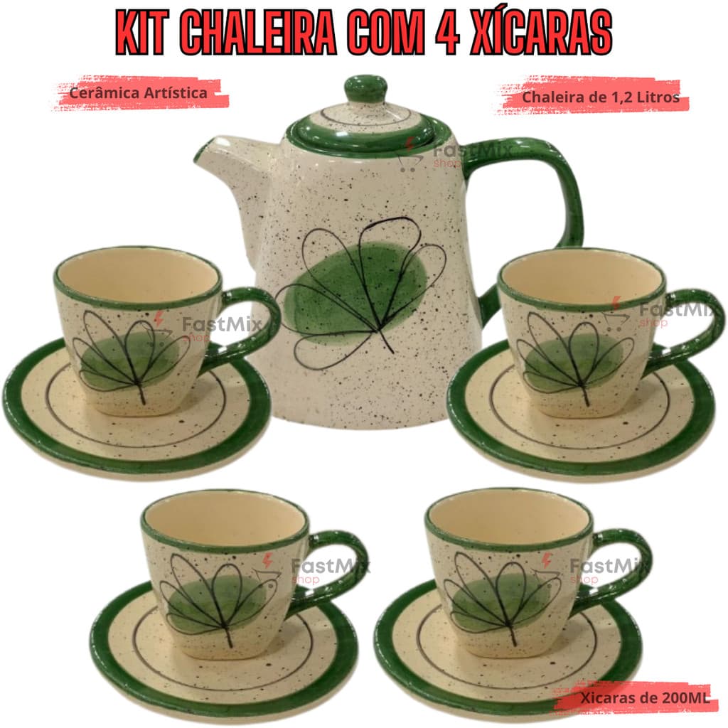Jogo de chá 1 Chaleira + 4 Xícaras Canecas 200ml Jogo de xicaras para cafe com Pires em ceramica