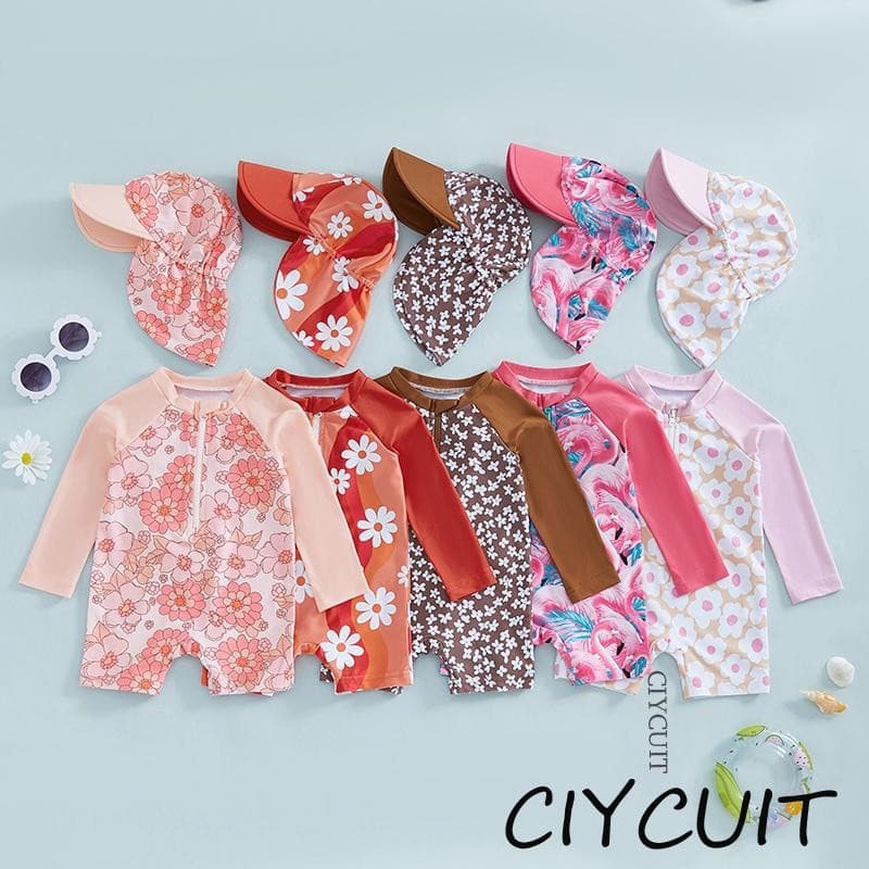 CIYCUIT-[3 Meses A 4 Anos Maiô De Manga Comprida Para Bebês Meninas Com Bonés] Floral/Flamingo Estampado Meio Zíper Sem