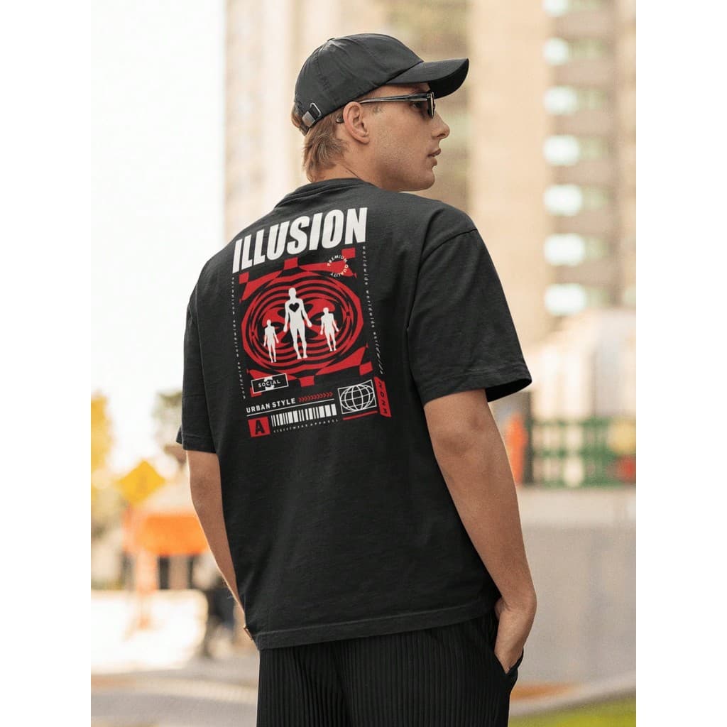 Camisa Camiseta Oversize Gola Alta Streetwear Masculino e Feminino Treino Dia a Dia Preto e Off Whte Estampado ILLUSION