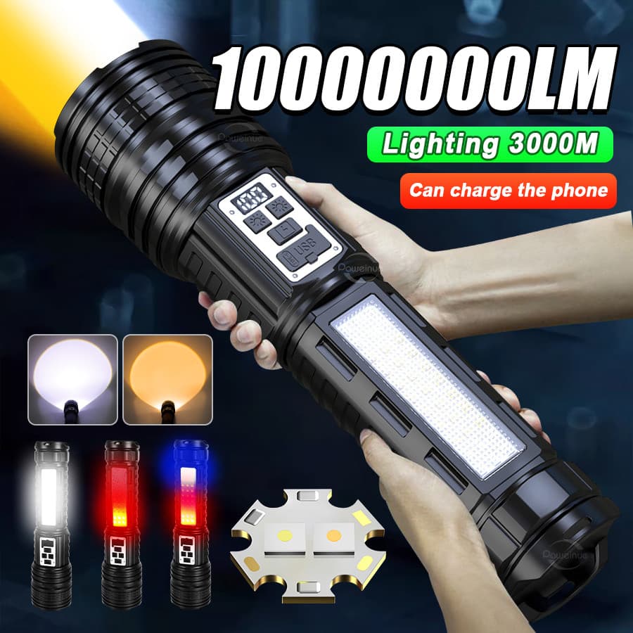 Lanterna LED Branca + Amarela De Alta Potência Com Luzes COB , Lâmpada Zoom , Bateria Embutida , Super Brilhante