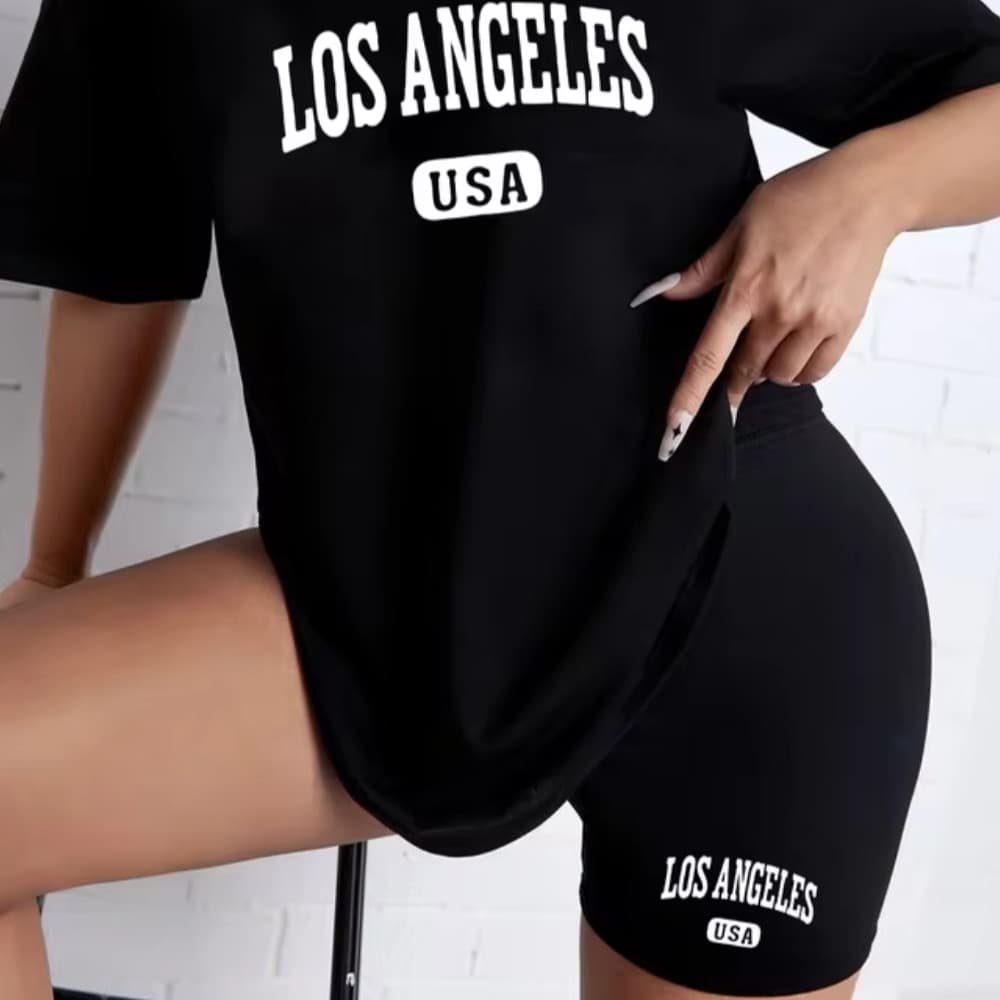 Conjunto Over Size Blusão e Bermuda Feminina Los Angeles Brooklyn Várias Estampas