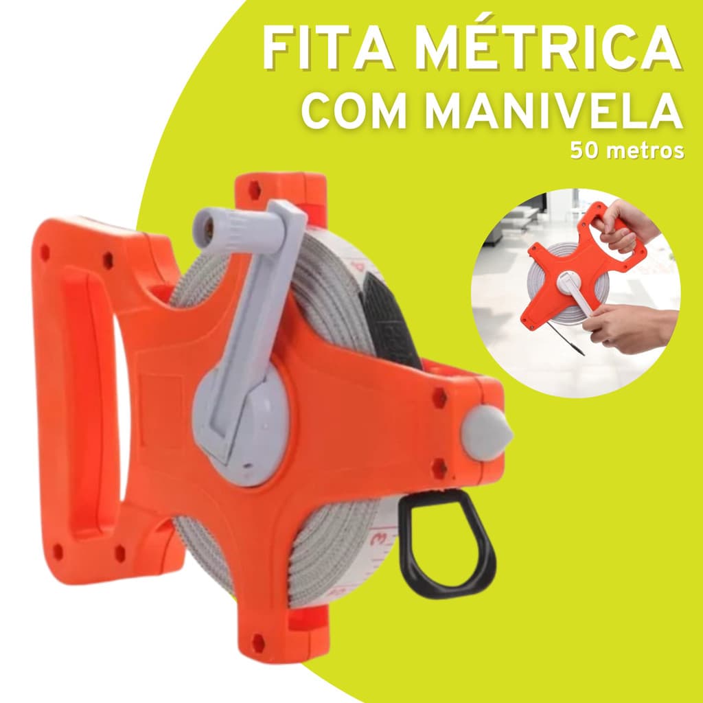 Fita Métrica longa reforçada com Manivela recolhedora obras reformas construção 50 Metros