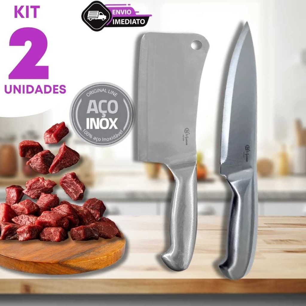 Jogo 2 Peças Inox 1 Faca Peixeira 7" e 1 Cutelo 6" Cortes Rápidos Cozinha Churrasqueira Casa Bar