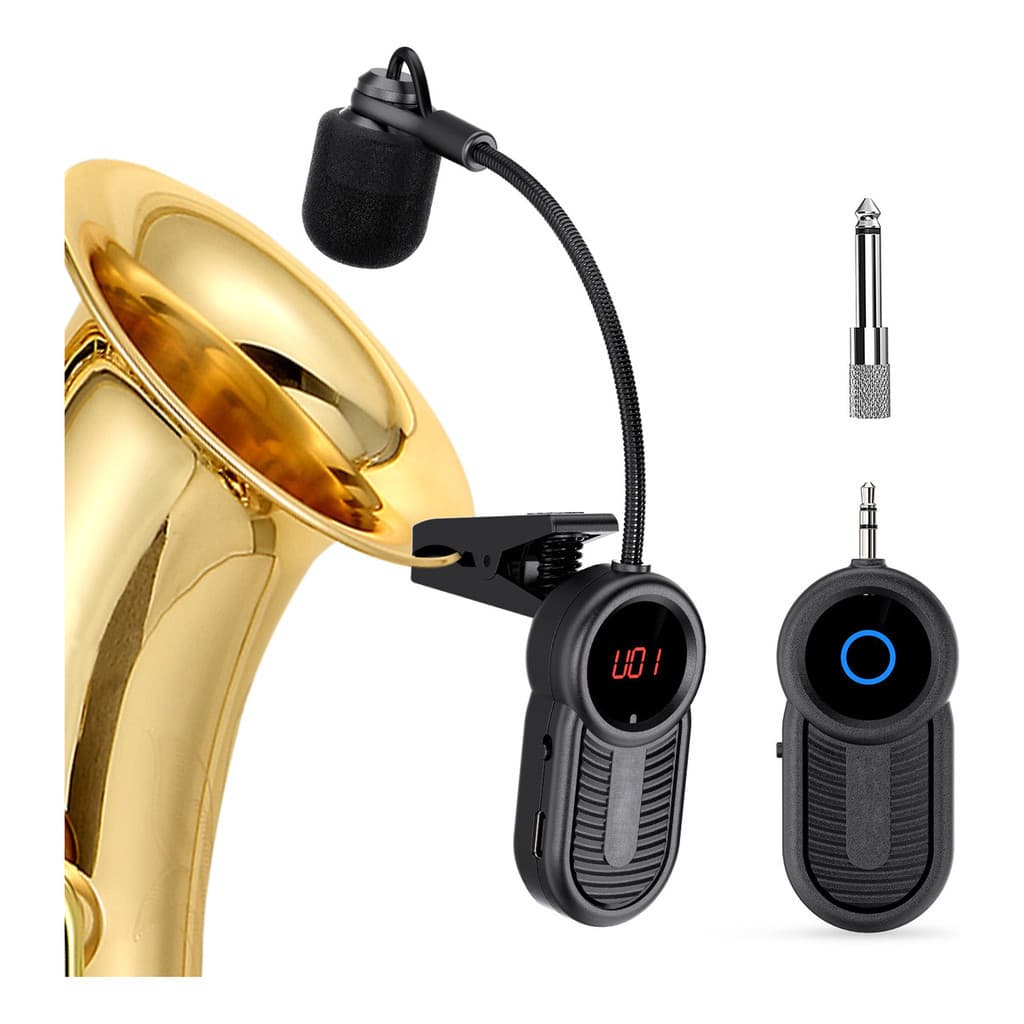 Sistema de microfone sem fio de saxofone com microfone sem fio de 2,4 GHz para instrumentos de saxofone, trombeta e trom