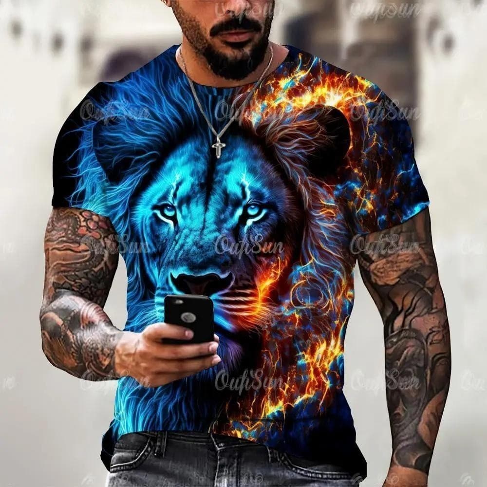 Camiseta Masculina Da Moda De Verão Animal , Tigre/3D Leão Estampado Em Manga Curta , Urbano