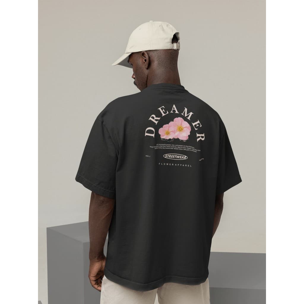 Camisa Camiseta Oversize Gola Alta Streetwear Masculino e Feminino Treino e Dia a Dia Preto e Off Whte Estampado DREAMER