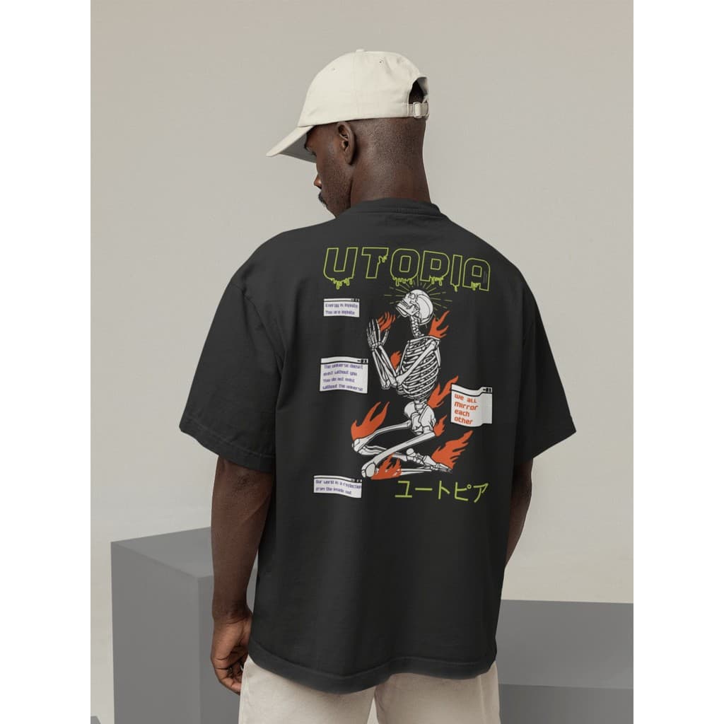Camiseta Oversize Streetwear Masculino e Feminino 100% Algodão Treino e Dia a Dia Preto e Off Whte Estampado - Utopia