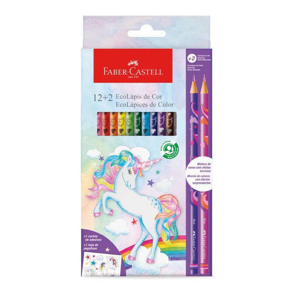 Lapis De Cor Faber-Castell Unicornio 12 Cores + 2 Cores Misturinha