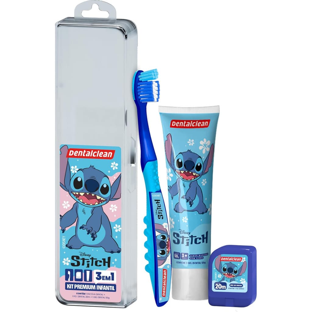 Kit Stitch Creme Dental Escova de Dente Fio Dental Infantil Higiene Bucal Escovação Kids Premium